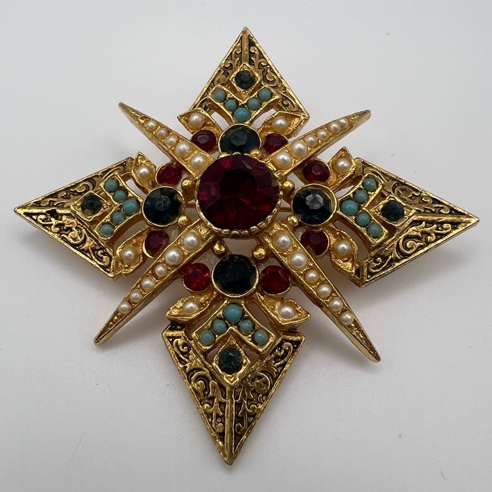 Vintage ART Signed Maltese Cross Brooch Red Green Turquoise Pearl Gold Tone